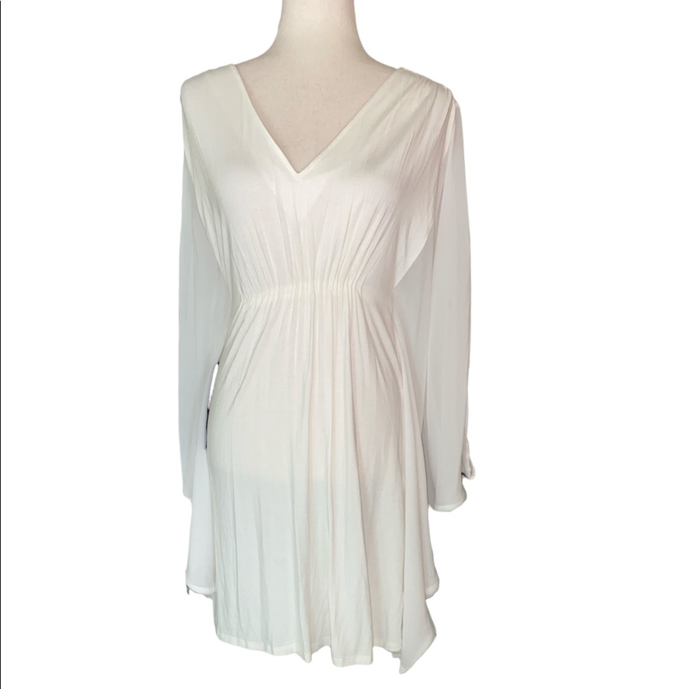NWT bebe Charline Chiffon Sleeve Cream Rayon Knit Draped Babydoll Mini Dress - S